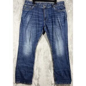 Yellow DNM Workshop Jeans Men's 38x31 Blue Denim Straight Damon Whiskers Wideleg